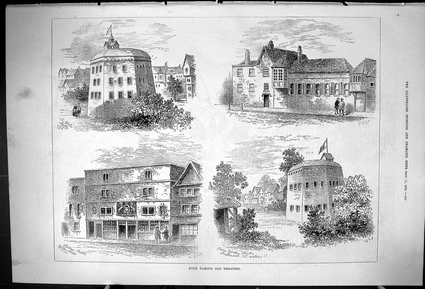Original Old Antique Print Four Famous Theatres Southwark Globe Gen Lane 1875