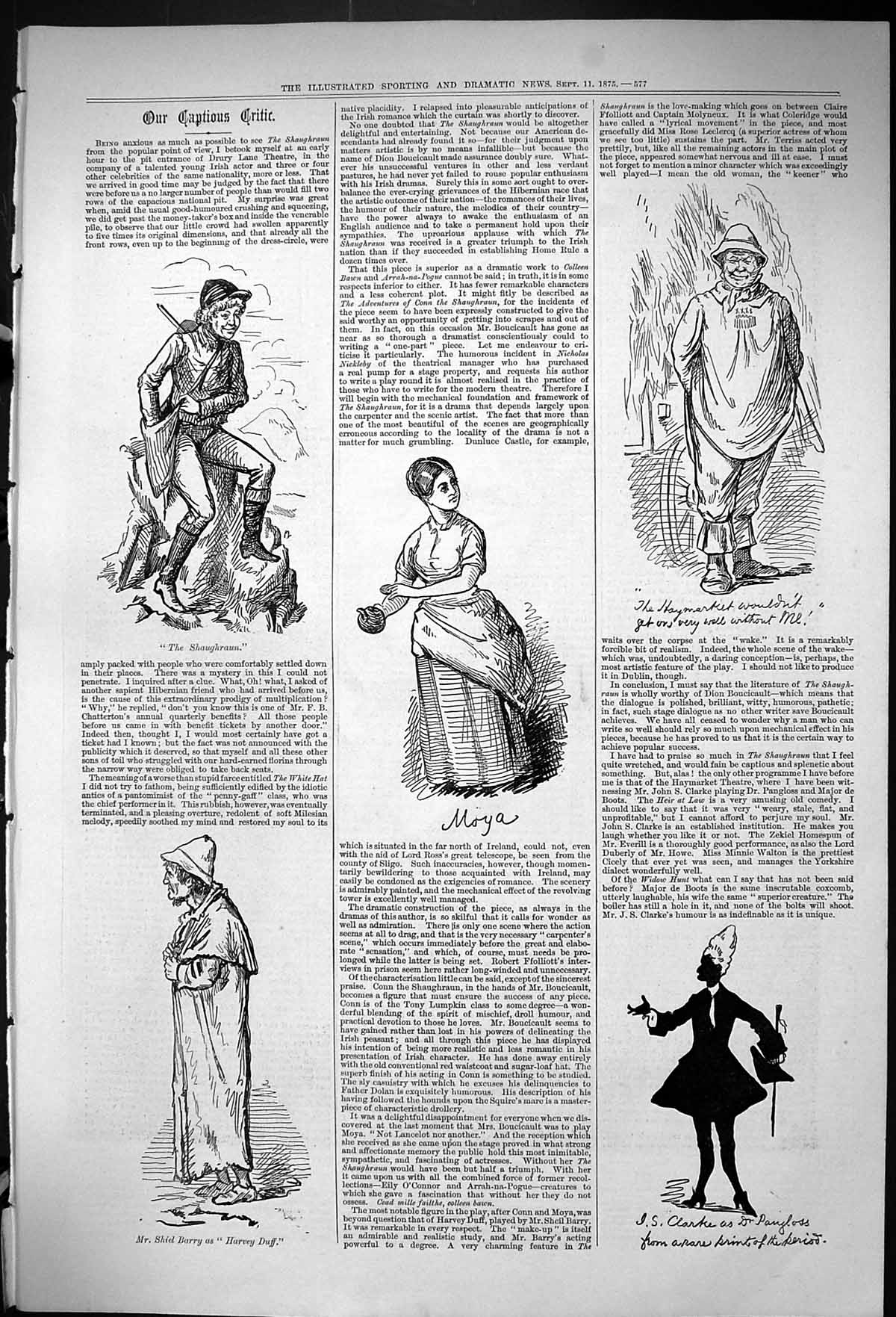 Old Print 1875 Captious Critic Theatre Shaughraun Moya Shiel Barry Clarke 19th