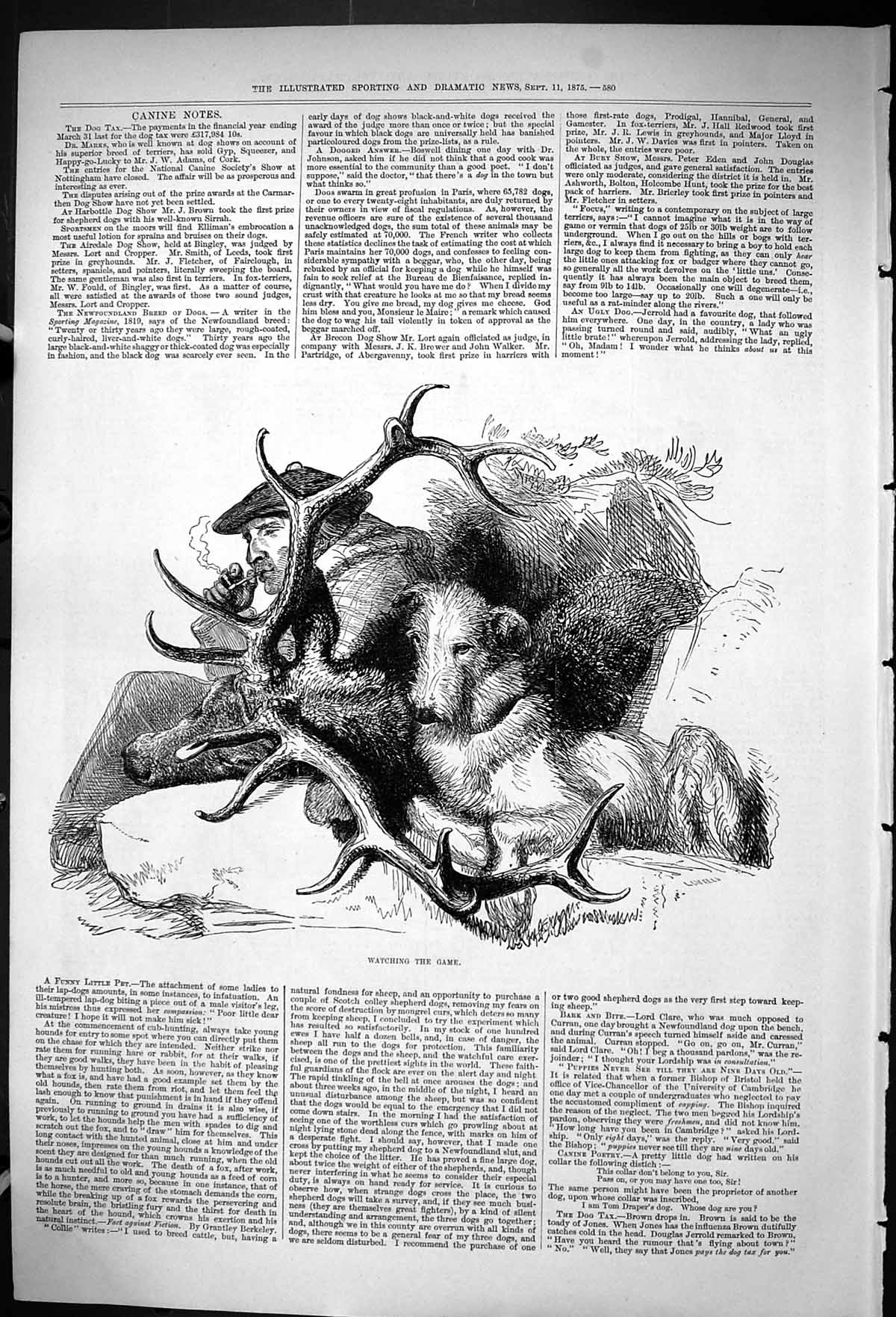 Original Old Antique Print 1875 Huntsman Dog Watching Game Hunting Sport 19th