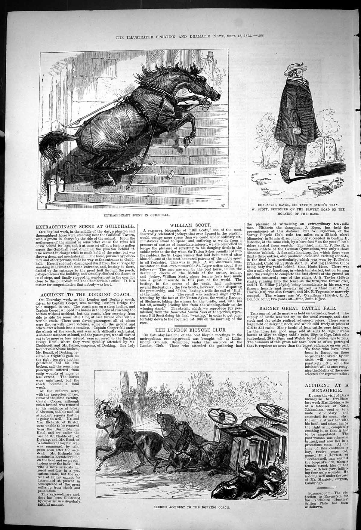 Old Print 1875 Horses Steps Guildhall Doncaster Races Tatton Sykes Scott 19th