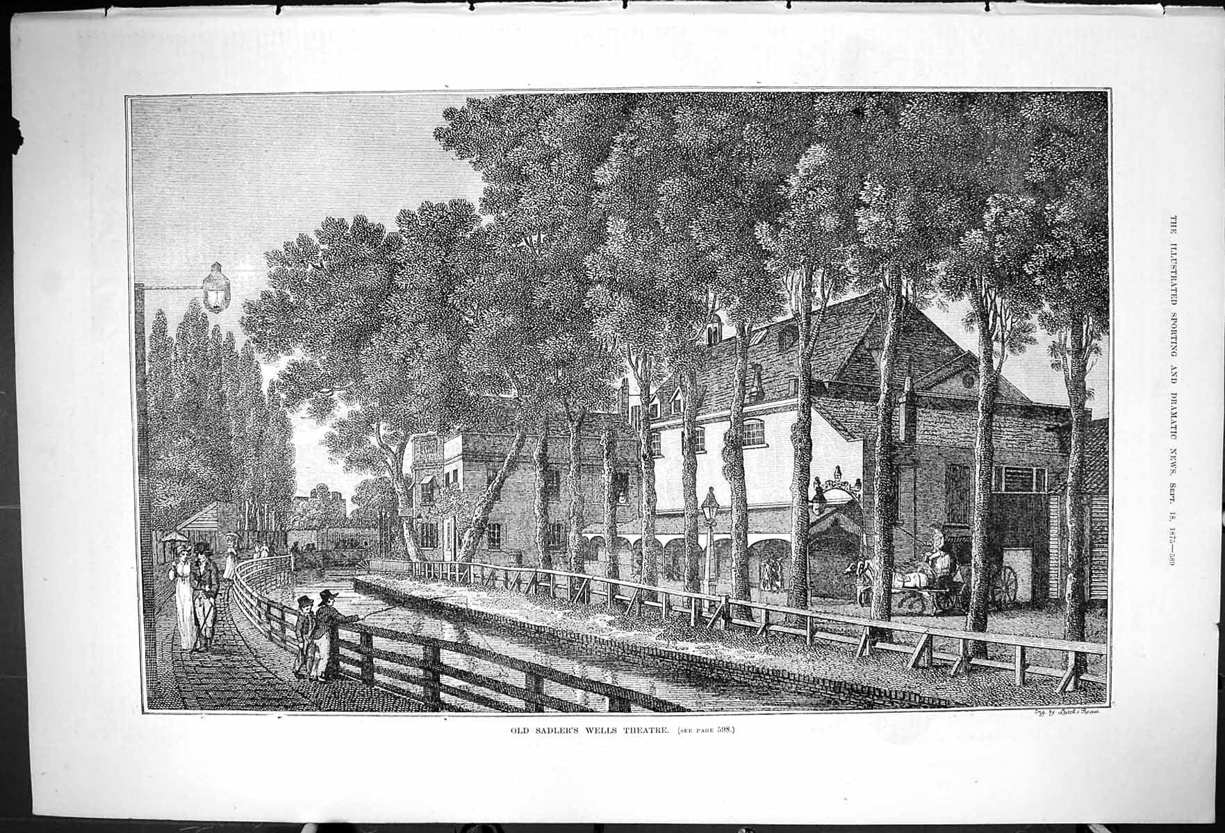 Original Old Antique Print 1875 Exterior Sadlers Wells Theatre River Trees 19th