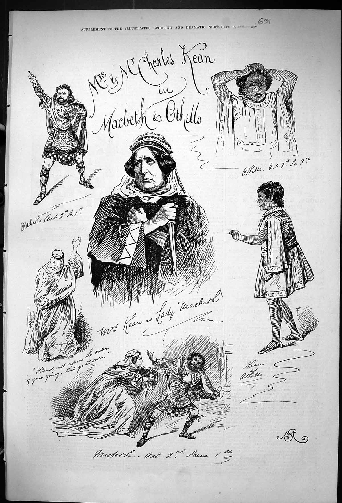 Antique Print 1875 Mr Mrs Charles Kean Macbeth Othello Shakespeare Theatre 19th