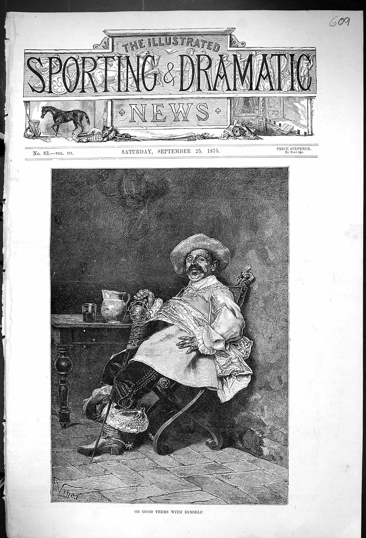 Old Print 1875 Man Sitting Table Drinking Jug On Good Terms With Himself 19th