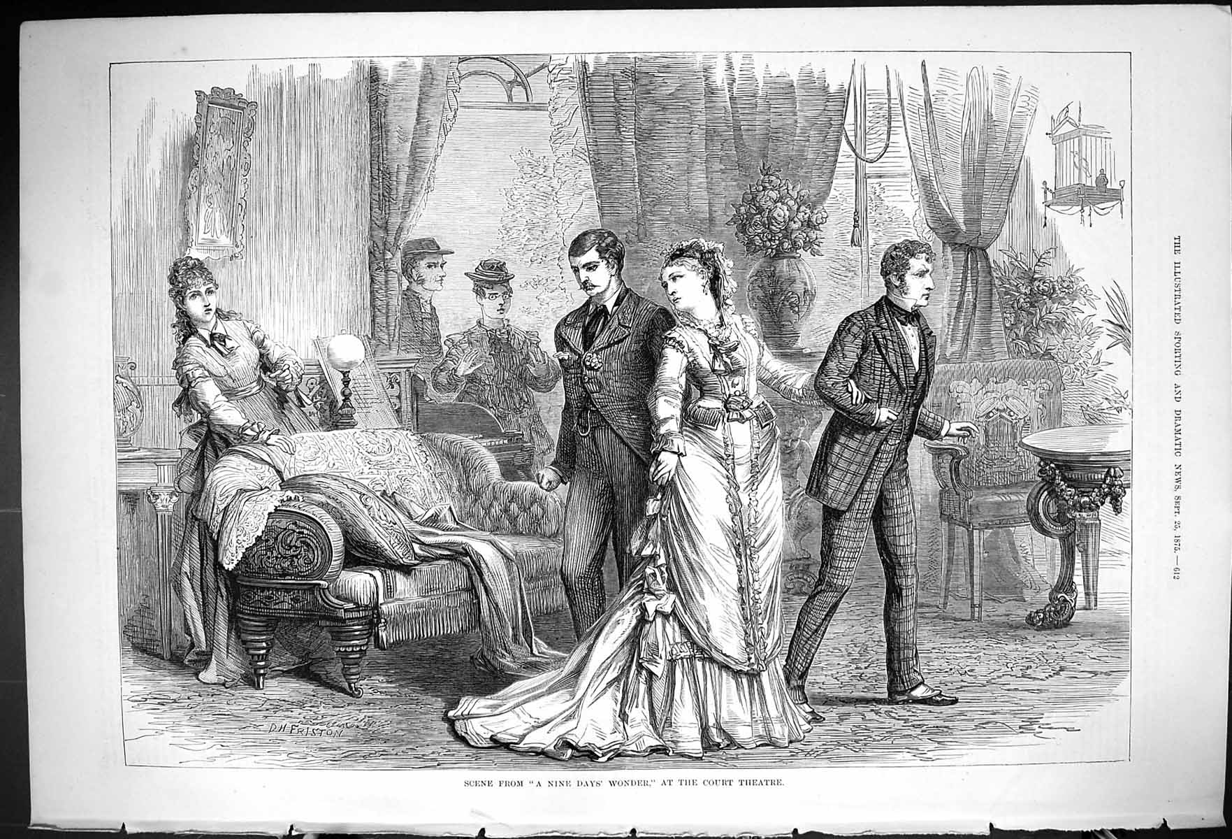 Original Old Antique Print 1875 Scene Nine Days Wonder Court Theatre Actors