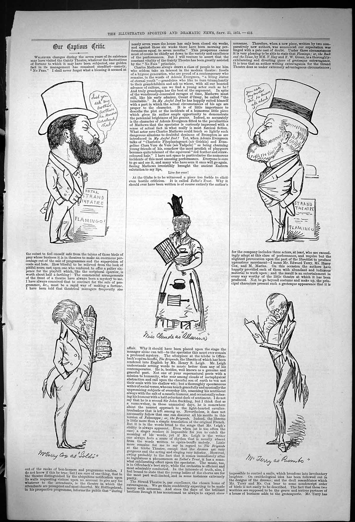 Antique Print Theatre Captious Critic Flamingo Miss Claude Herry Terry 1875