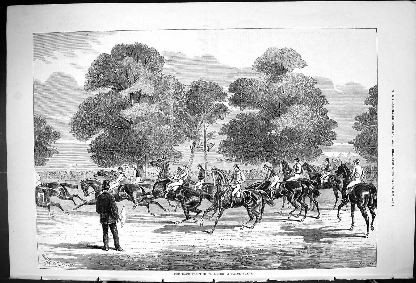 Old Antique Print 1875 Horses Racing Start Line St. Leger Sport Jockeys 19th