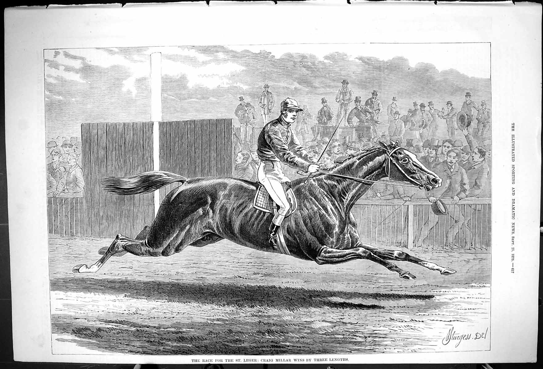 Original Old Antique Print 1875 Horse Race St. Leger Craig Millar Jockey Sport