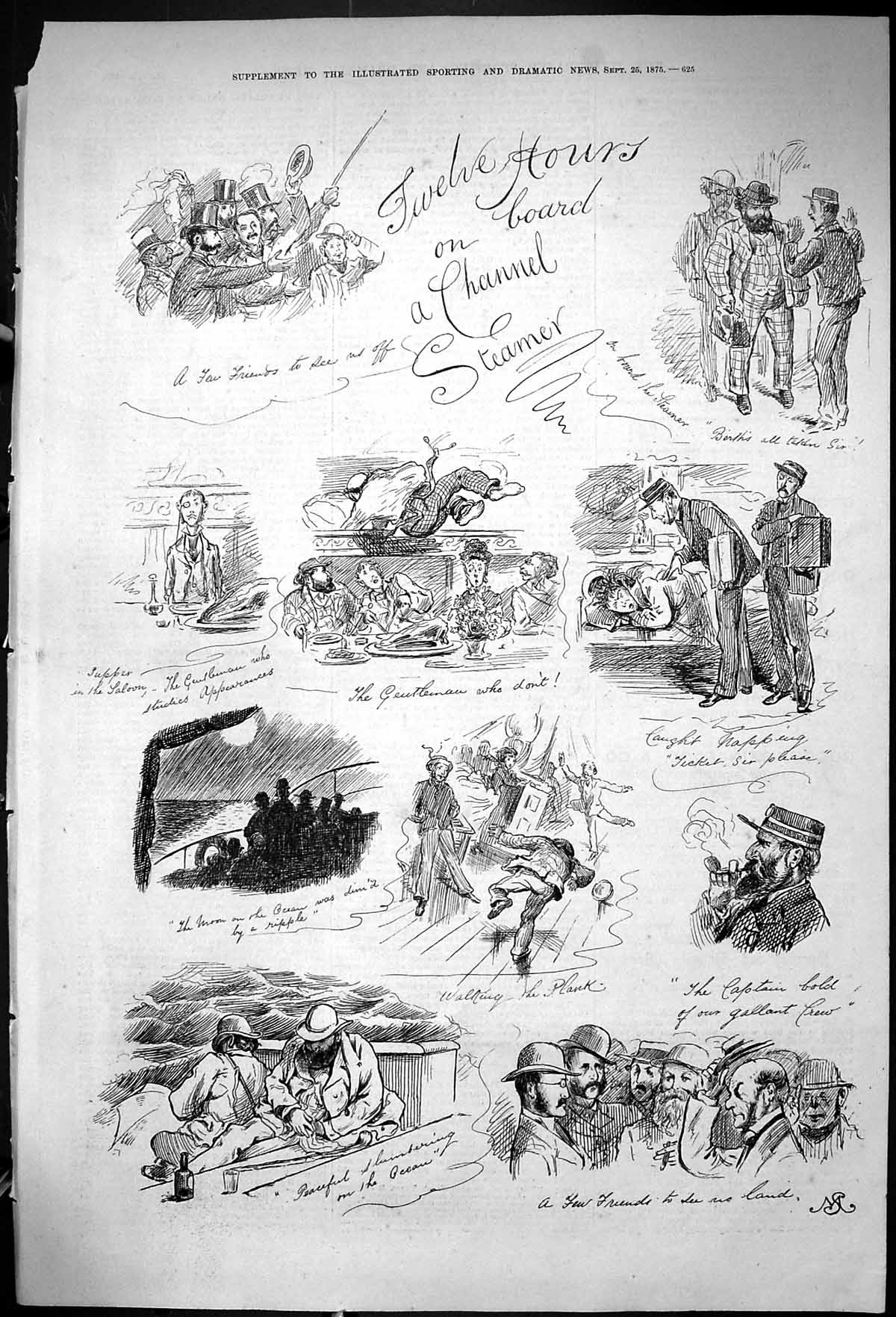 Old Antique Print 1875 Twelve Hours Board Channel Steamer Transport Ship 19th