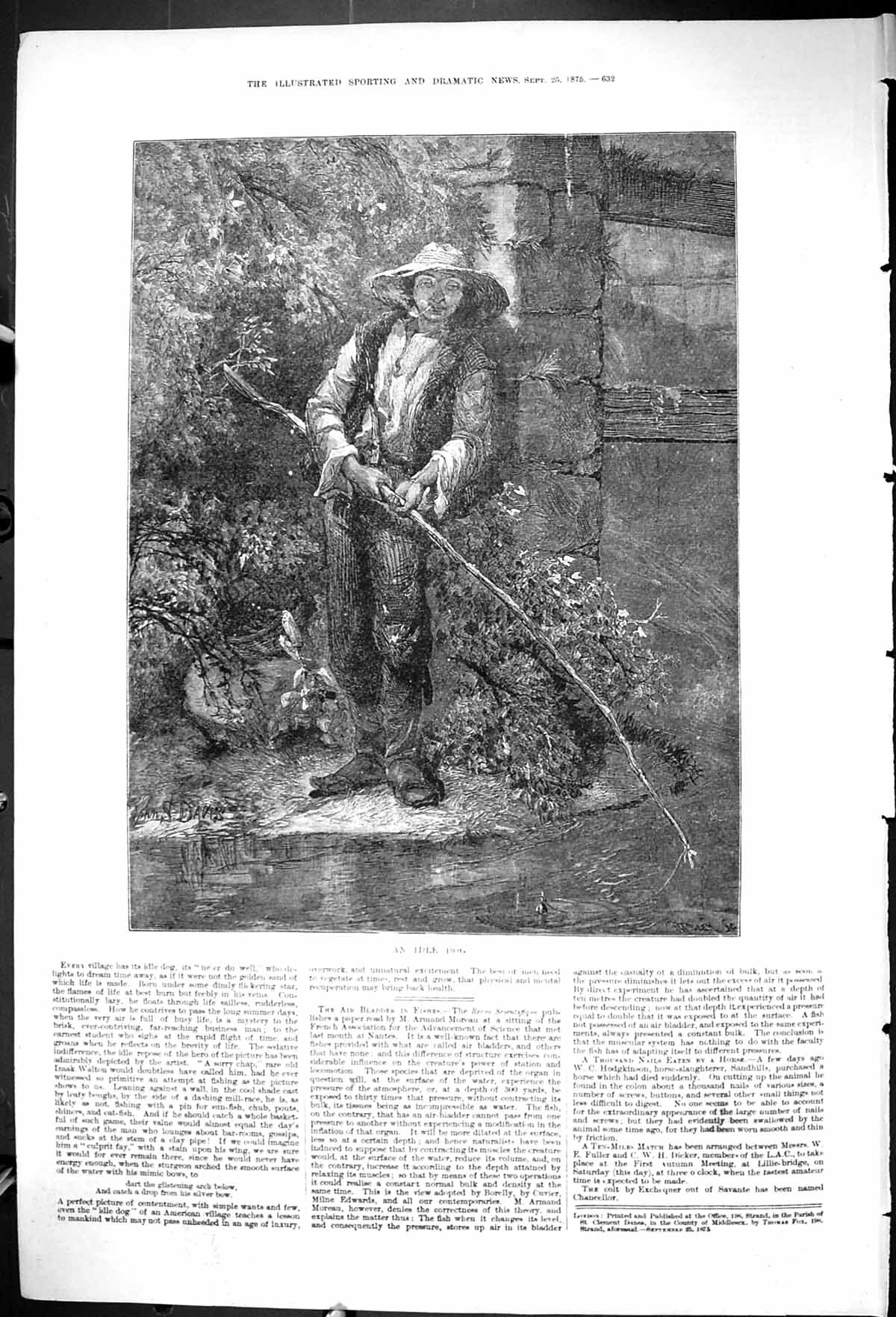 Original Old Antique Print 1875 Man Fishing Smoking Pipe River Scene Idle Dog
