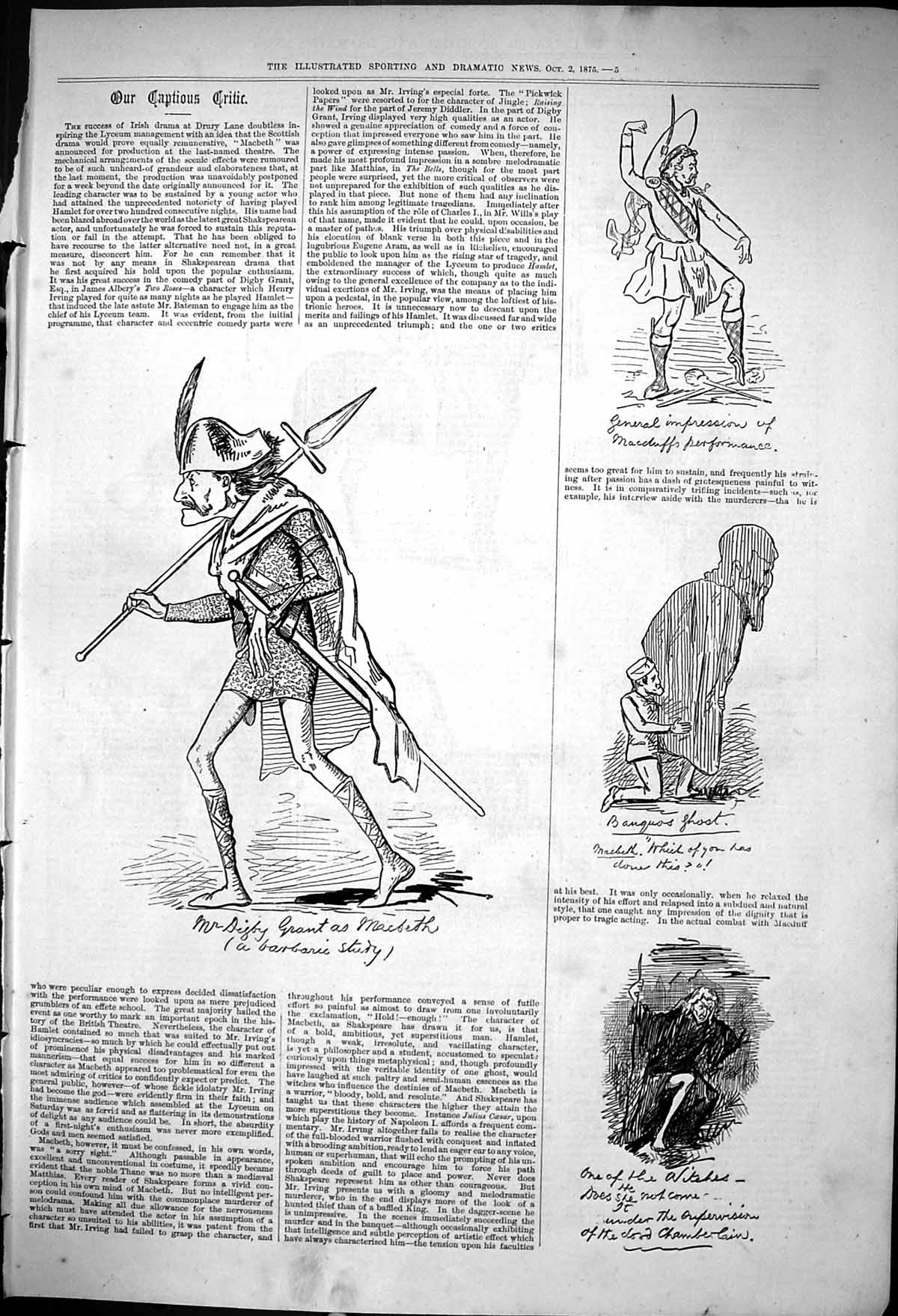 Original Old Antique Print 1875 Captious Critic Theatre Digby Grant Macbeth