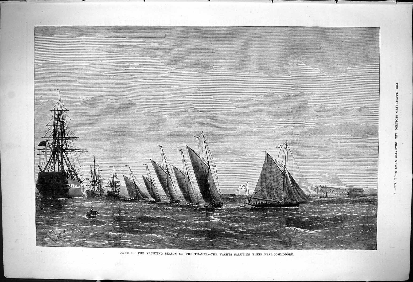 Old 1875 Yachting Season River Thames Yachts Saluting Rear-Commodore Victorian