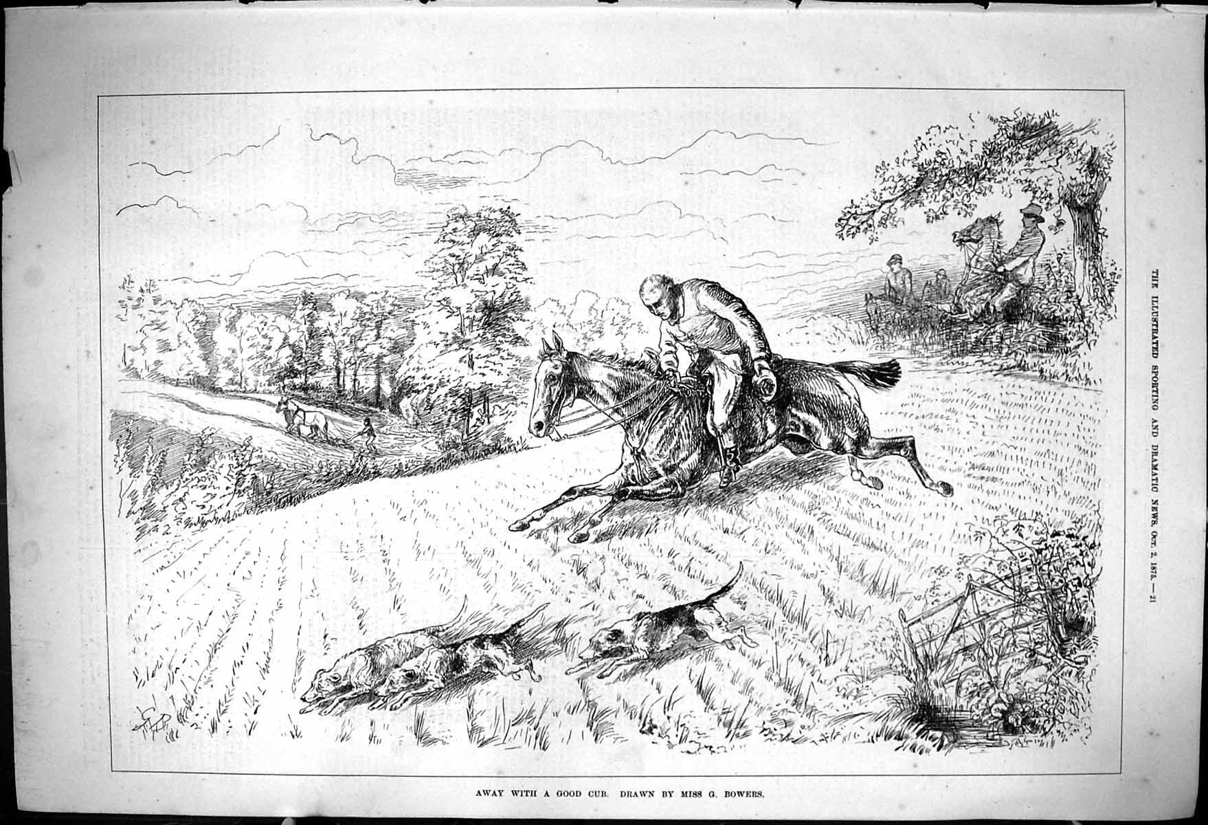 Original Old Antique Print 1875 Fox Hunting Horses Hounds Dogs Huntsmen Sport