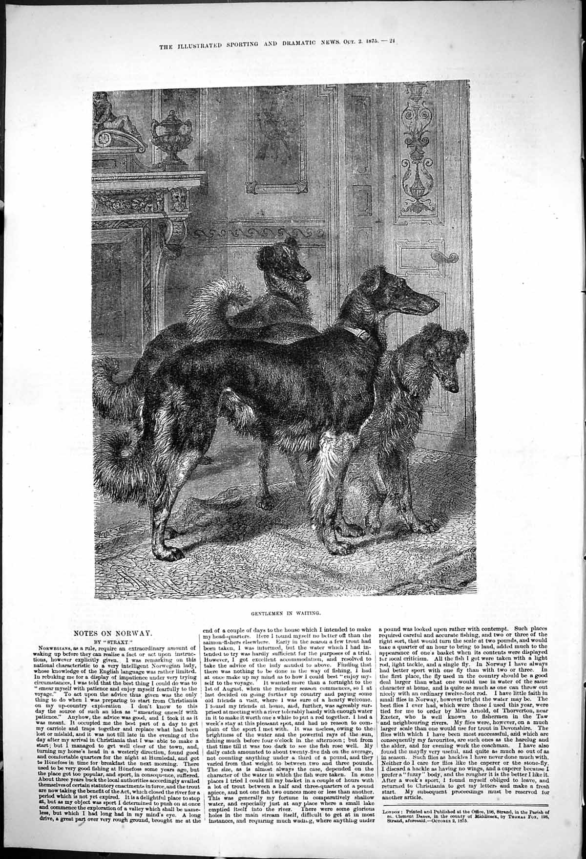 Original Old Antique Print 1875 Gentlemen Waiting Hunting Dogs Animals 19th