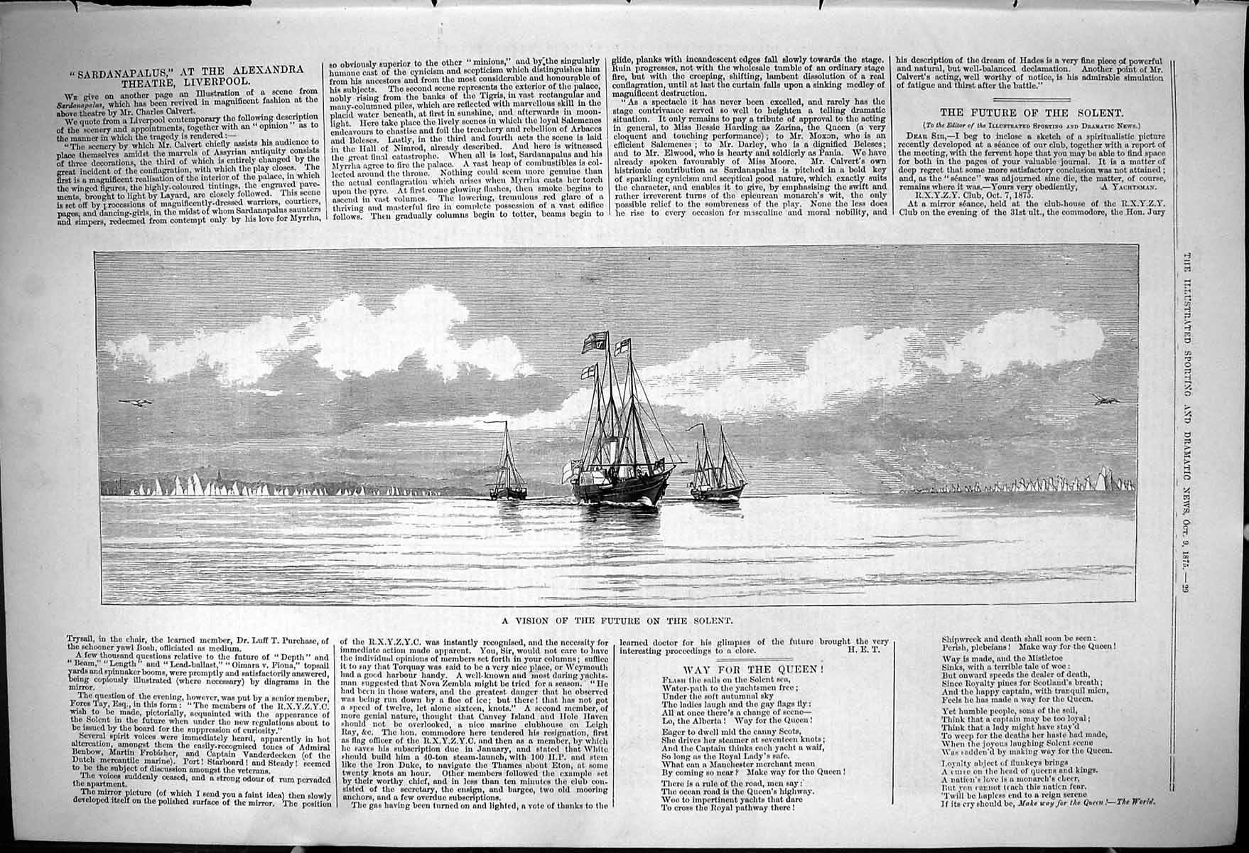 Original Old Antique Print 1875 Vision Future Solent Ships Sailing Yachts 19th