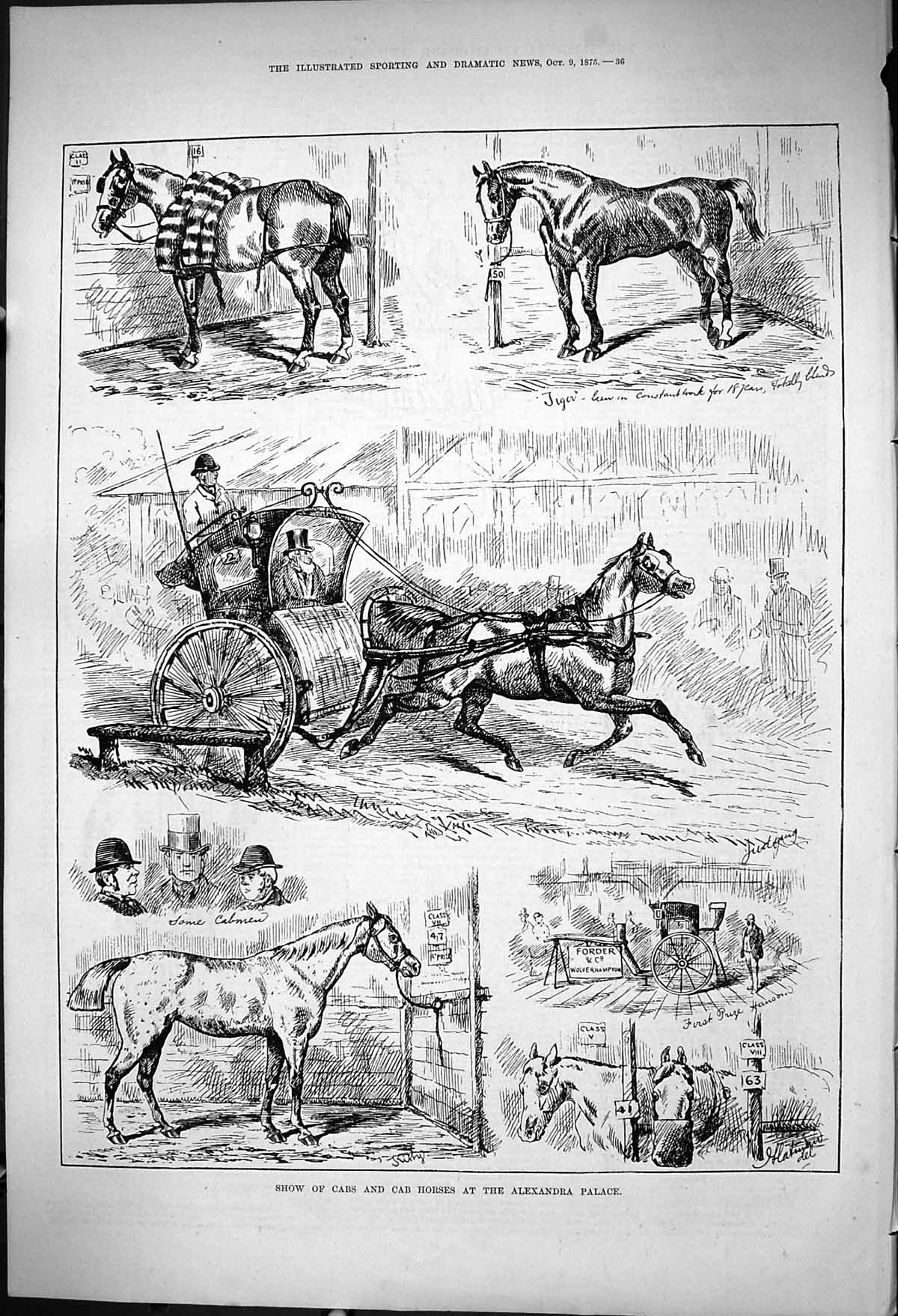 Original Old Antique Print 1875 Show Cabs Horses Alexandra Palace Transport