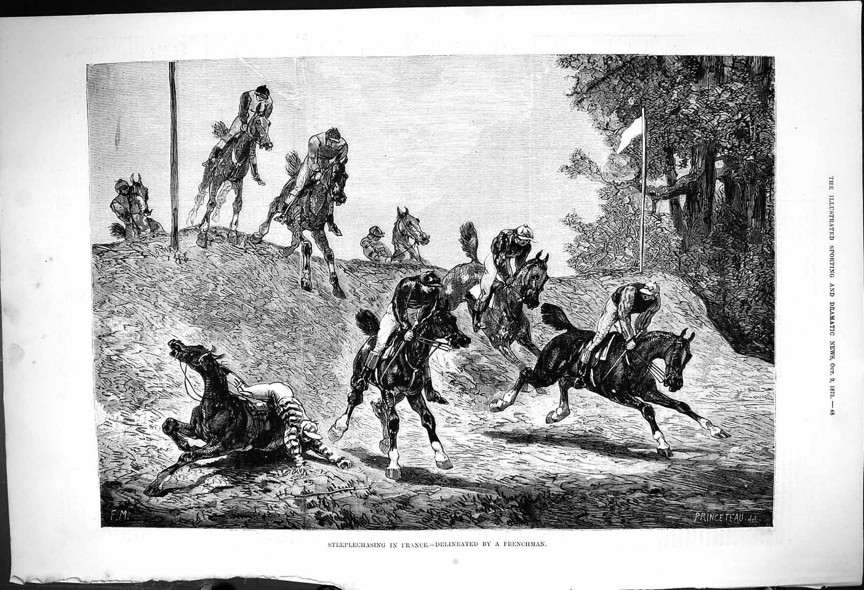 Original Old Antique Print 1875 Steeplechasing France Jockeys Horses Sport 19th