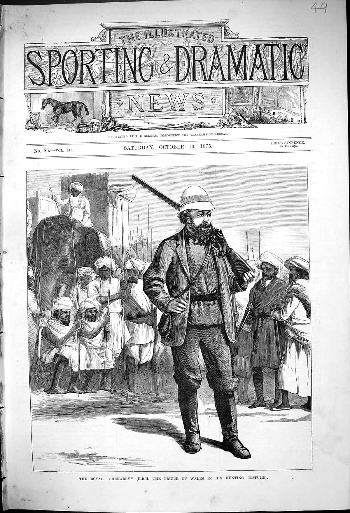 Old Antique Print 1875 Royal Shekarry H.R.H. Prince Wales Hunting Costume 19th