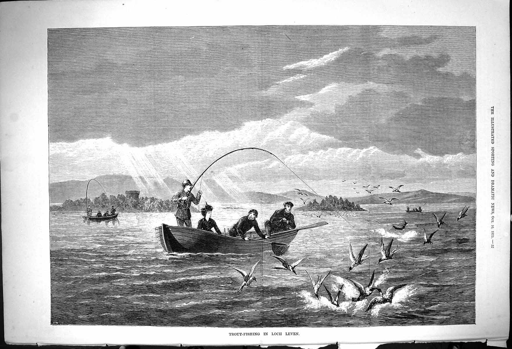 Antique Old Print 1875 Trout Fishing Loch Leven Scotland Fishermen Boat Birds
