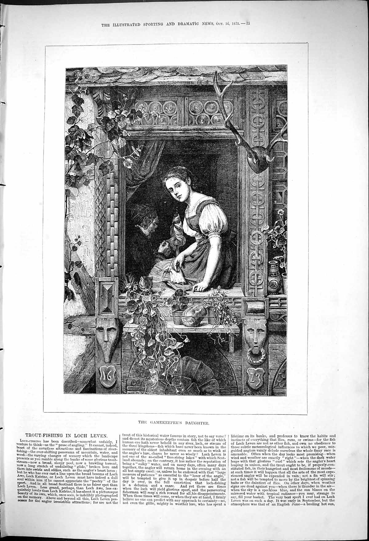 Antique Old Print 1875 Beautiful Woman Sitting In Window Gamekeepers Daughter