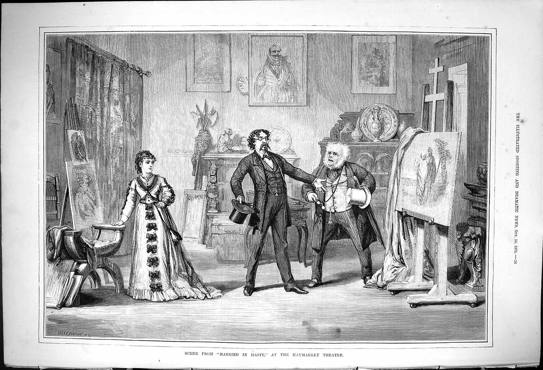 Original Old Antique Print 1875 Scene Married In Haste Haymarket Theatre Actors