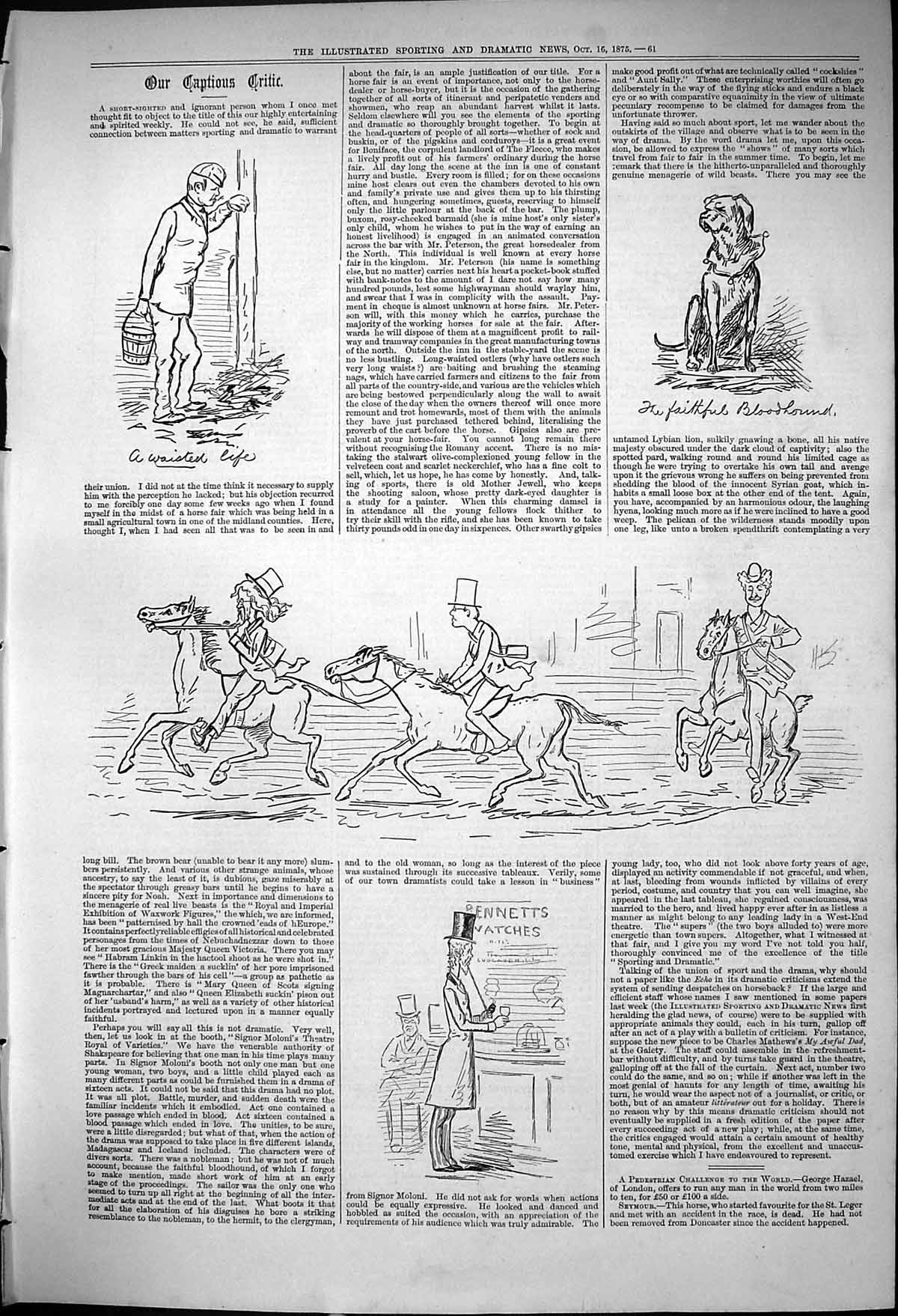 Old 1875 Captious Critic Theatre Bloodhound Dog Horses Bennetts Watch Victorian