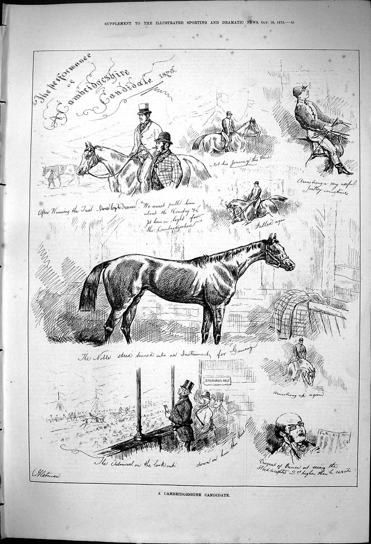 Antique Print 1875 Cambridgeshire Horse Racing Sport Stable Scene Trainers 19th