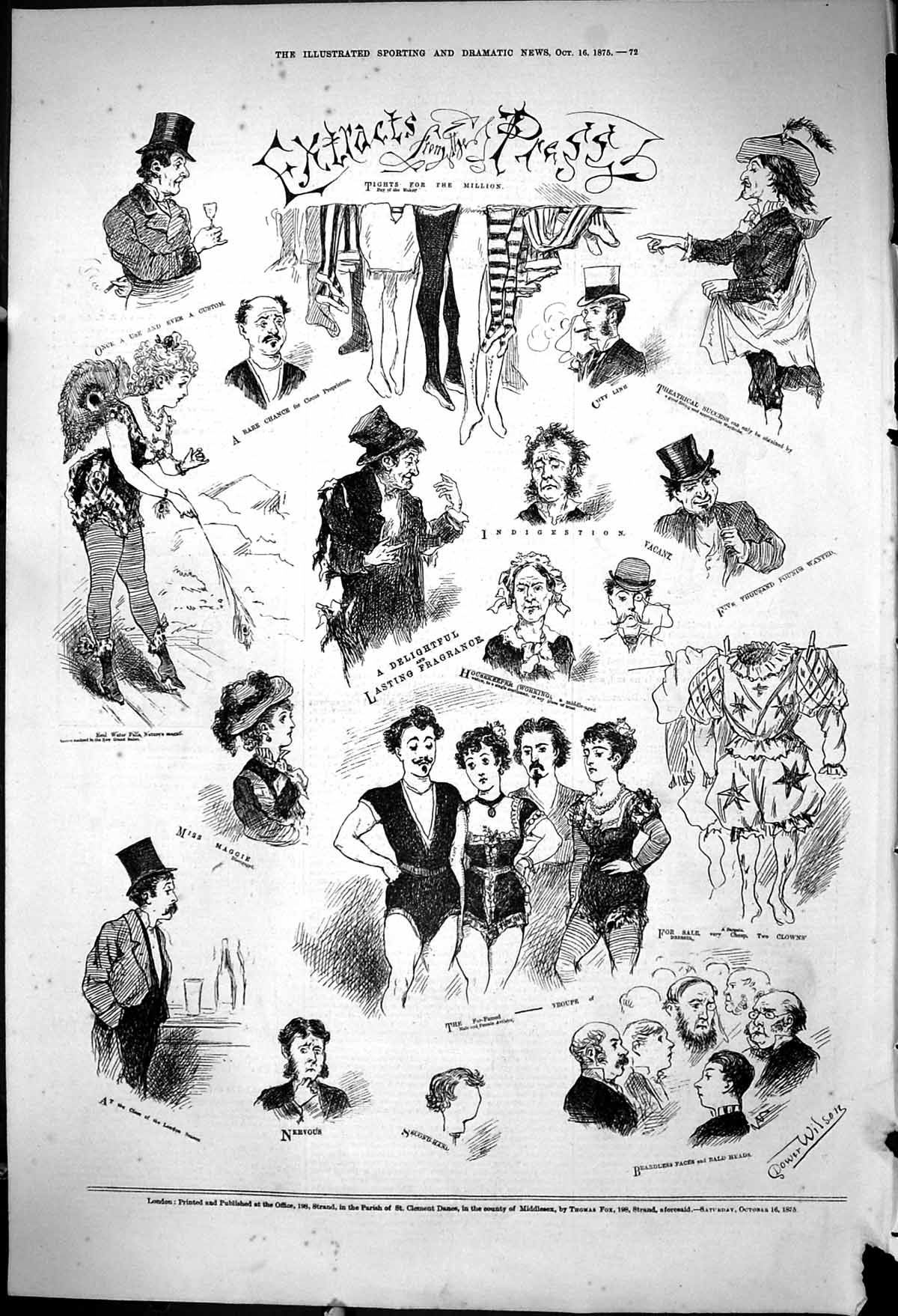 Old Antique Print 1875 Extracts Press Dancing Troupe Clowns Tights Circus 19th