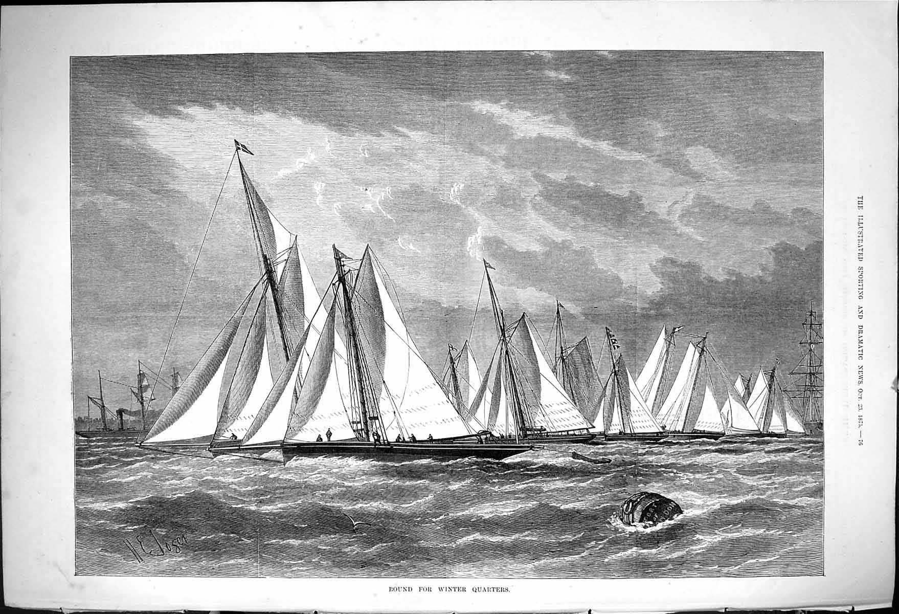Antique Old Print 1875 Bound For Winter Quarters Sport Sailing Yachts Boats