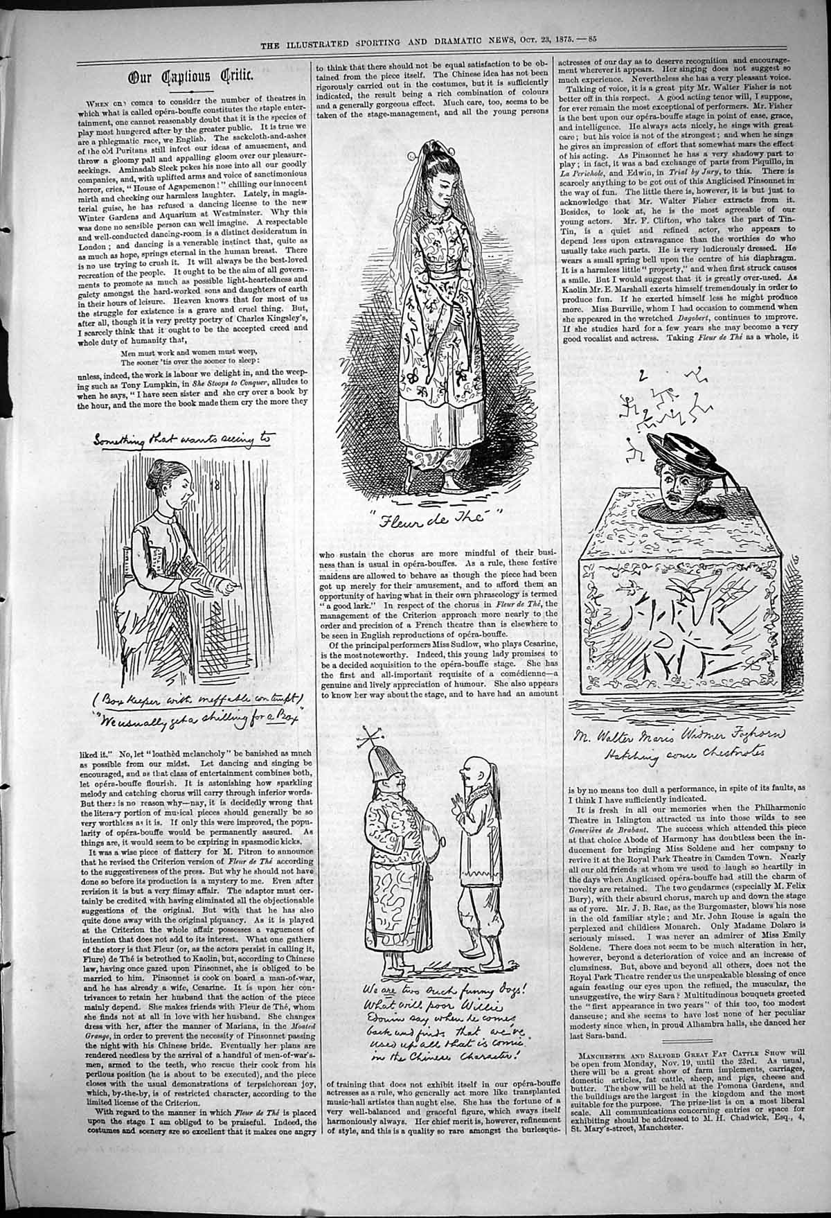 Antique Old Print 1875 Captious Critic Theatre Walter Maris Beautiful Woman