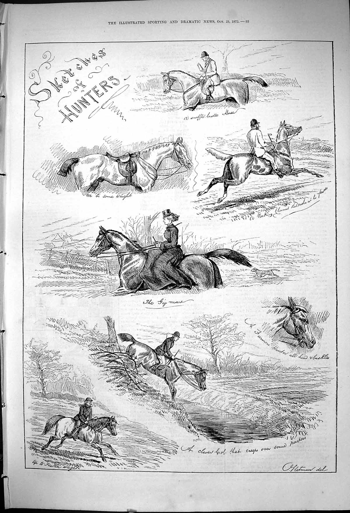 Original Old Antique Print 1875 Hunters Horses Hunting Sport Lady Huntsmen 19th