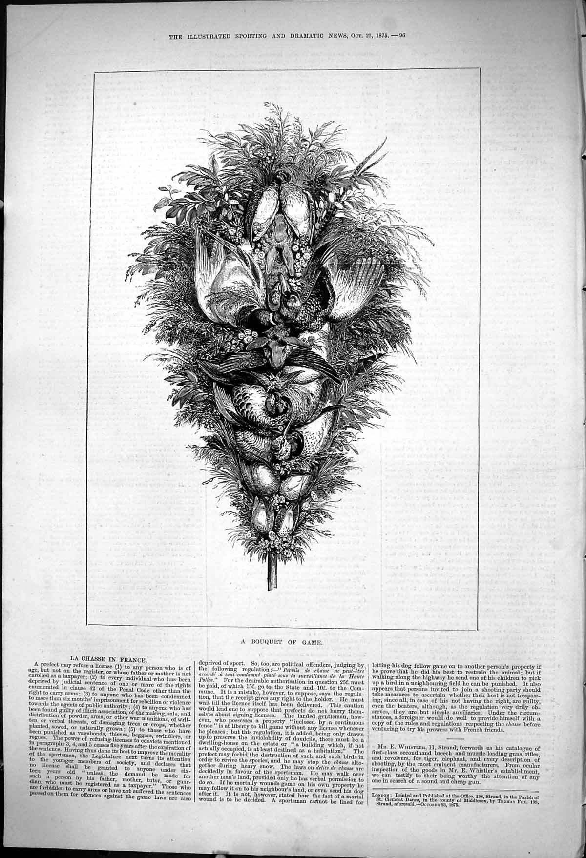 Original Old Antique Print 1875 Boquet Game Birds Hunting Sport 19th