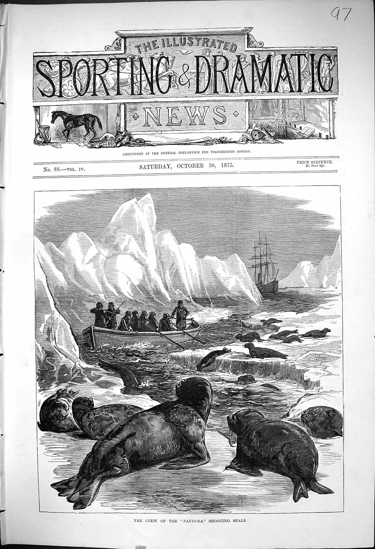 Antique Old Print 1875 Crew Pandora Ship Boat Shooting Seals Hunting Sport 19th