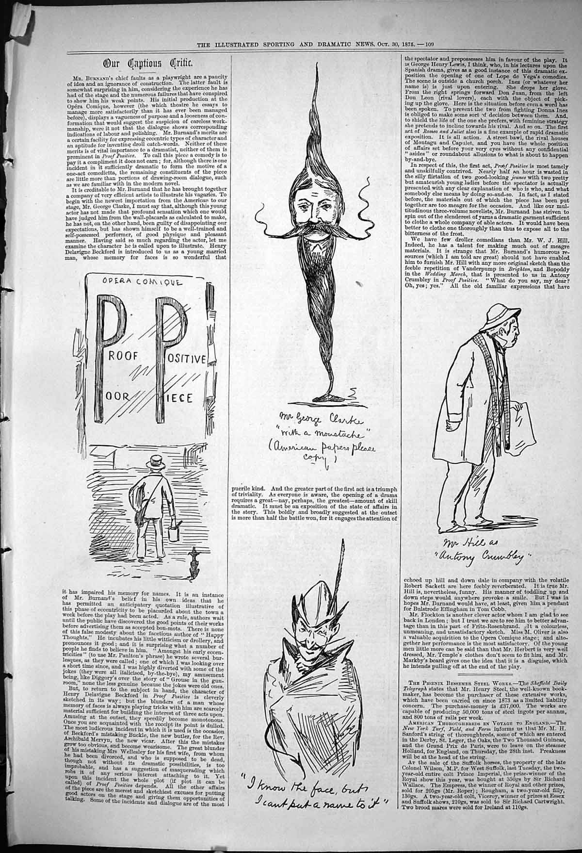 Antique Print 1875 Captious Critic Theatre Opera Comique Clarke Hill Actors