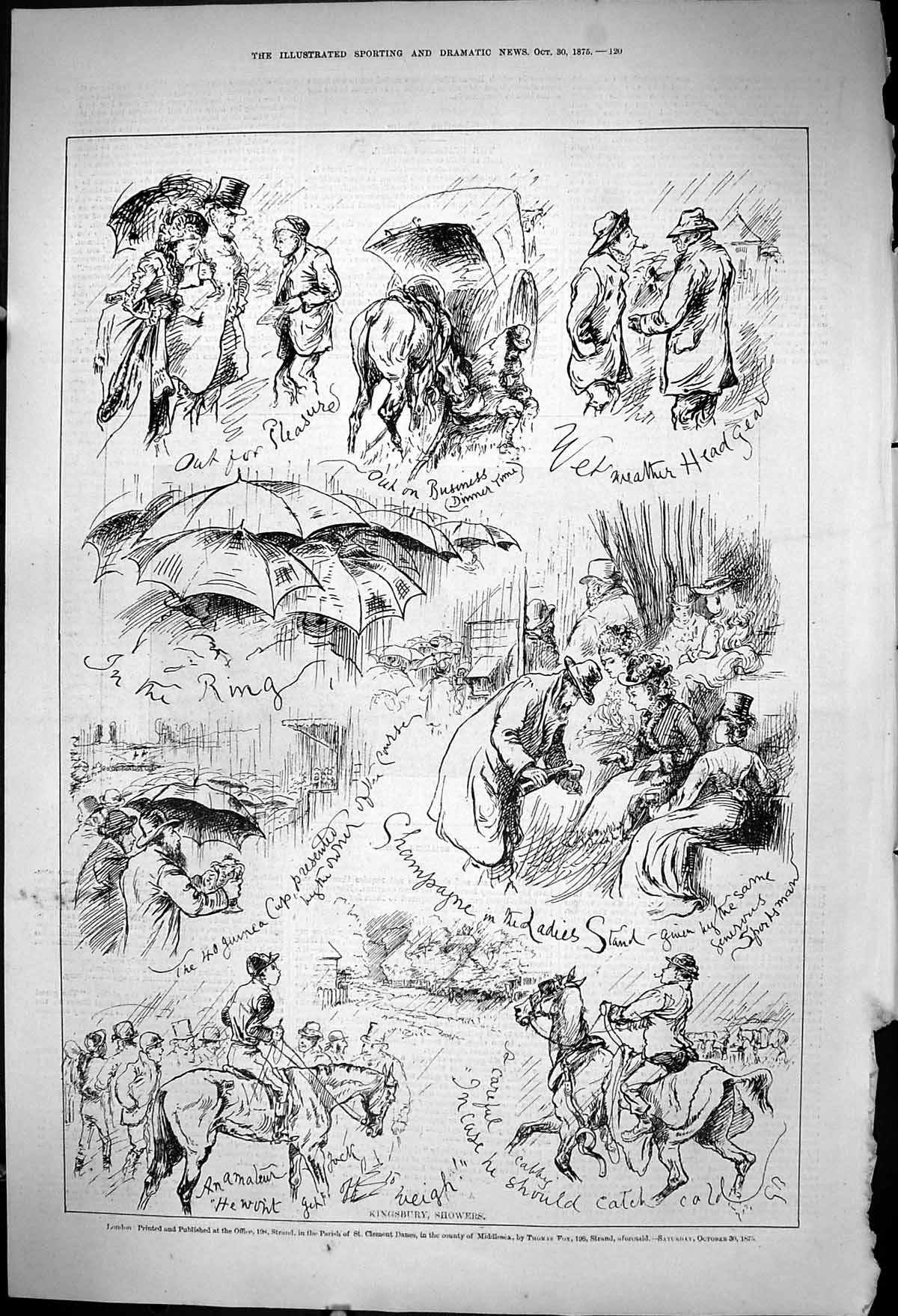 Original Old Antique Print 1875 Kingsbury Showers Horse Show Sport Victorian