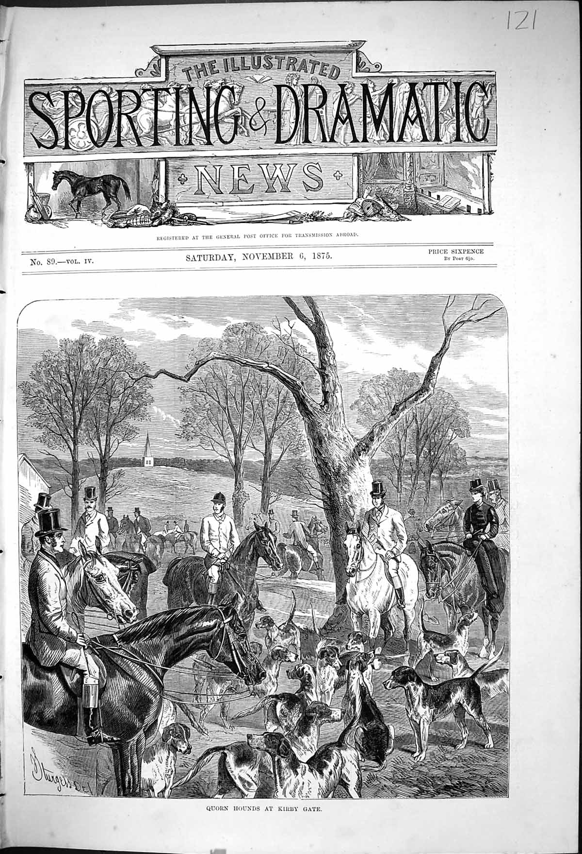 Antique Old Print 1875 Quorn Hounds Dogs Hunting Kirby Gate Huntsmen Sport 19th