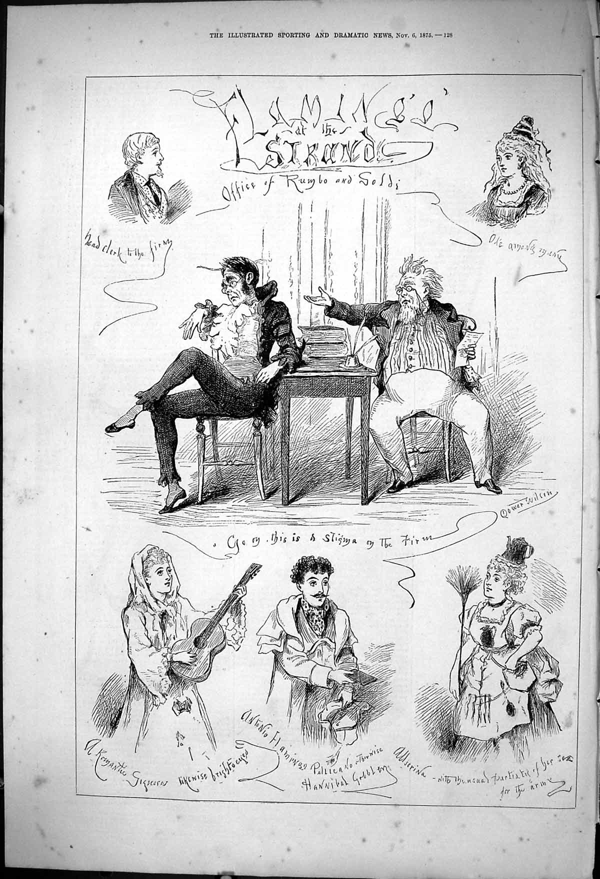 Original Old Antique Print 1876 Flamingo Strand Theatre Wilson Romantic Music