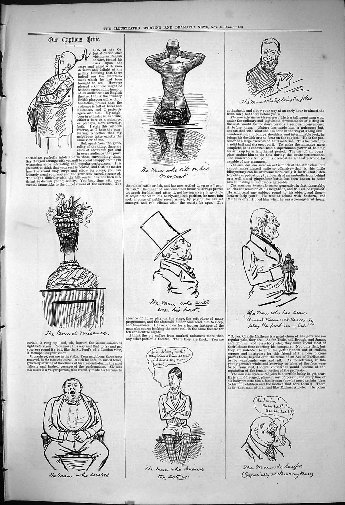 Original Old Antique Print 1875 Captious Critic Theatre Actors 19th