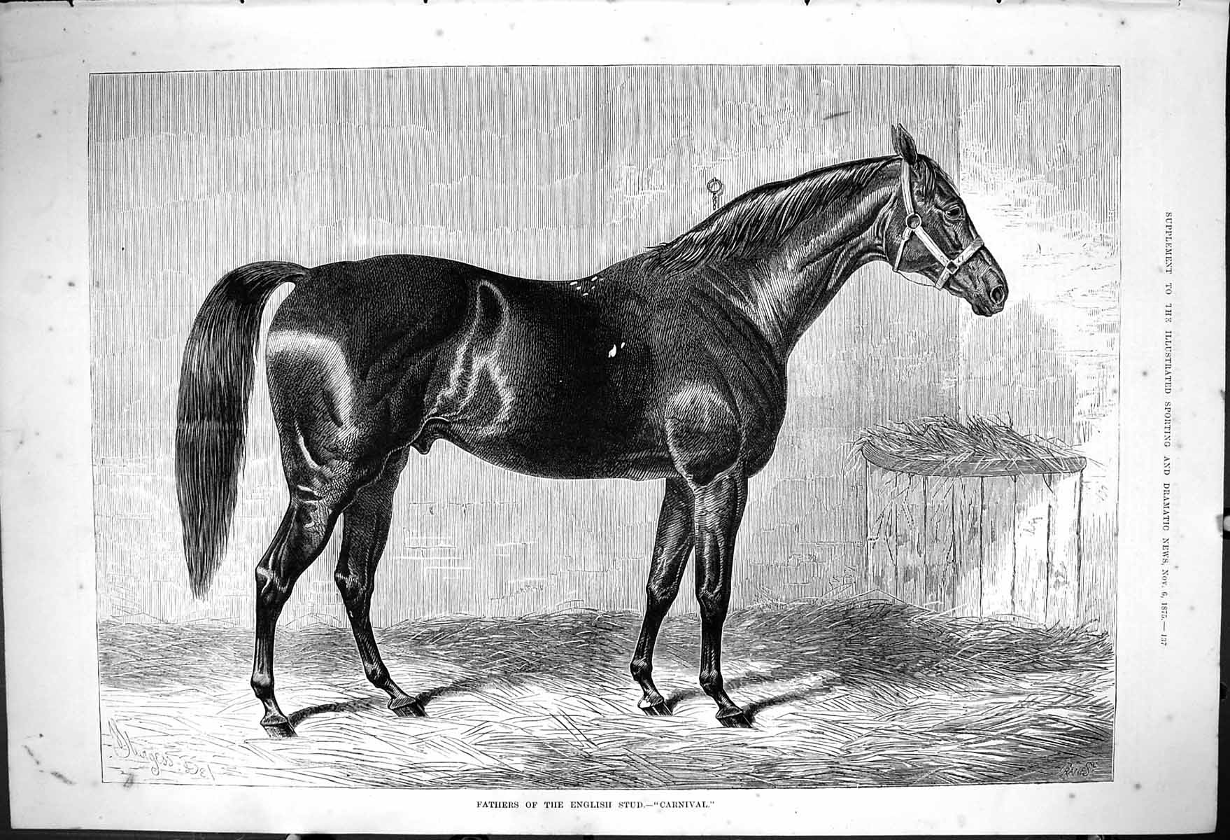 Old Antique Print 1875 Fathers English Stud Carnival Horse Stable Scene 19th