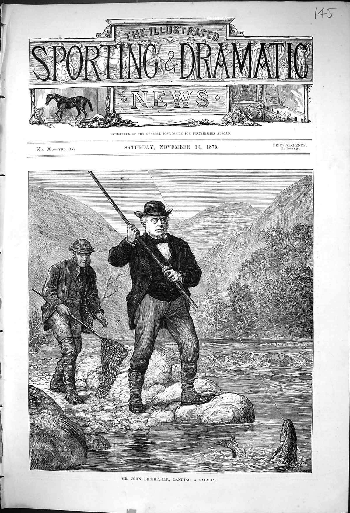 Old 1875 Mr John Bright Member Parliament Fishing River Salmon Sport Victorian