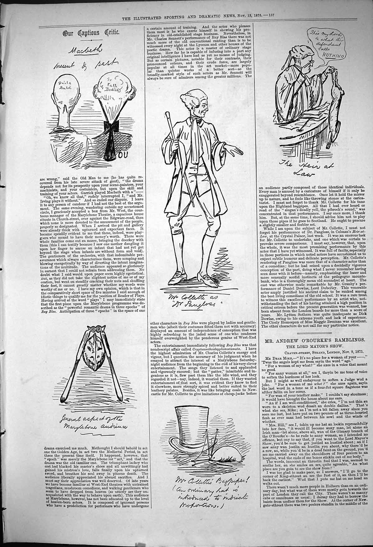 Antique Print 1875 Captious Critic Theatre Macbeth Collette Bagpipes Actor 19th