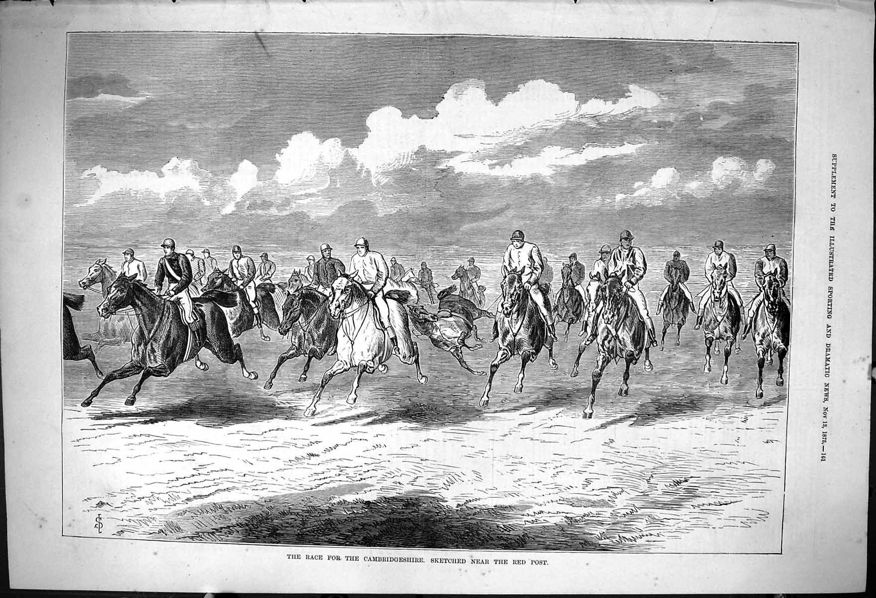 Original Old Antique Print 1875 Horse Racing Cambridgeshire Red Post Jockeys