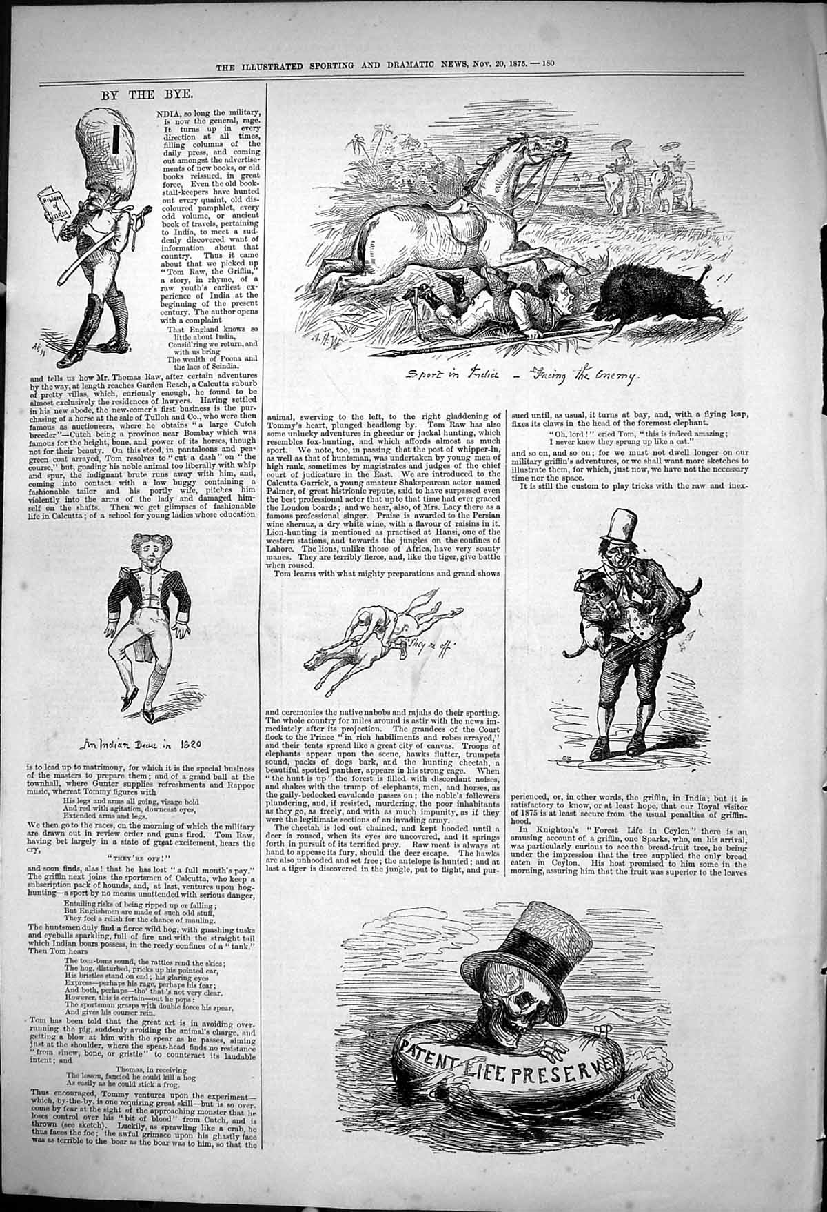 Antique Old Print 1875 India Hunting Sport Pig Sticking Patent Life Preserver
