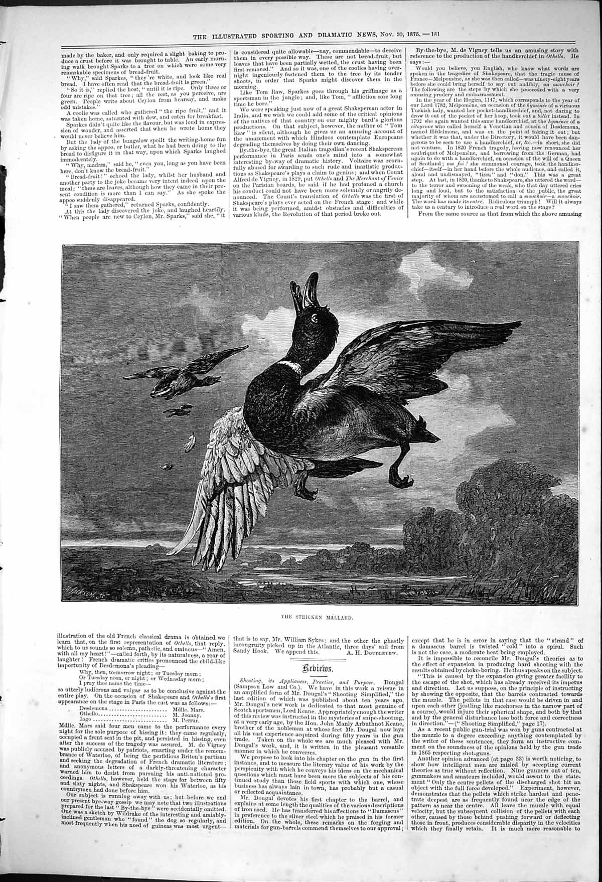 Original Old Antique Print 1875 Stricken Mallard Duck Sport Hunting Birds 19th