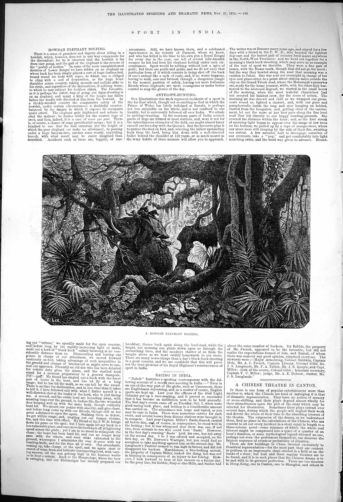 Original Old Antique Print 1875 Howdah Elephant Bolting Sport India Hunting