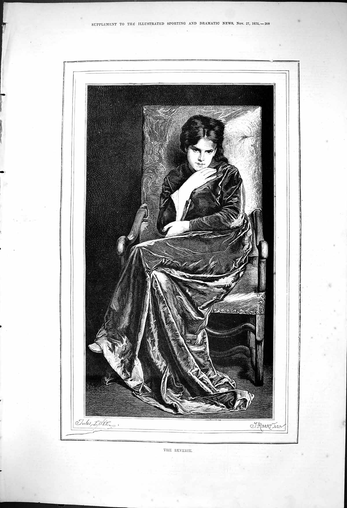 Antique Old Print 1875 Portrait Beautiful Woman Reverie Lady Sitting Chair 19th