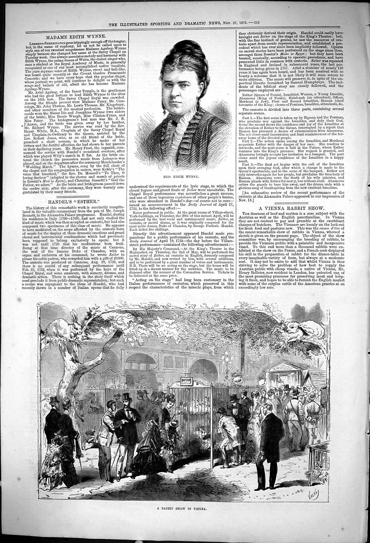 Antique Old Print 1875 Miss Edith Wynne Portrait Rabbit Show Vienna Austria