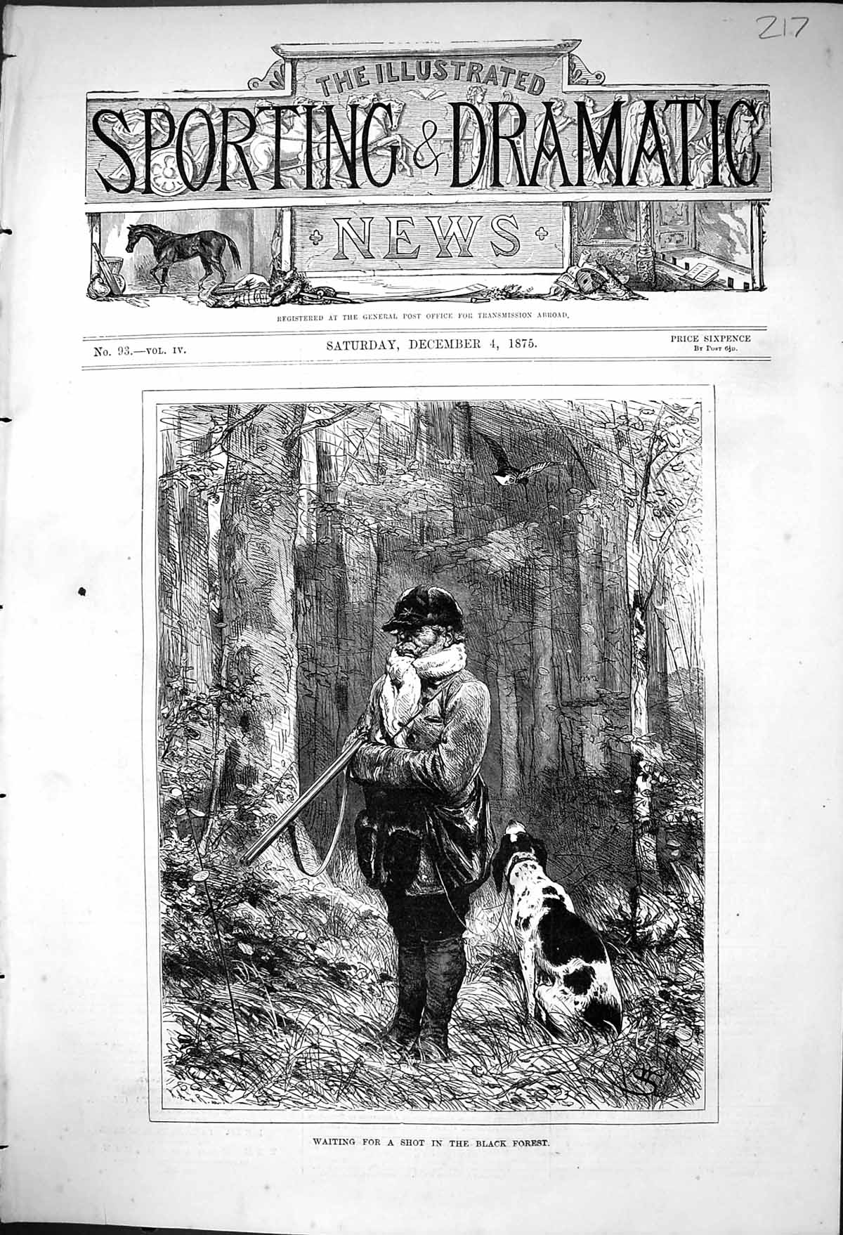 Old 1875 Waiting For A Shot Black Forest Man Shooting Hunting Dogs Sp Victorian