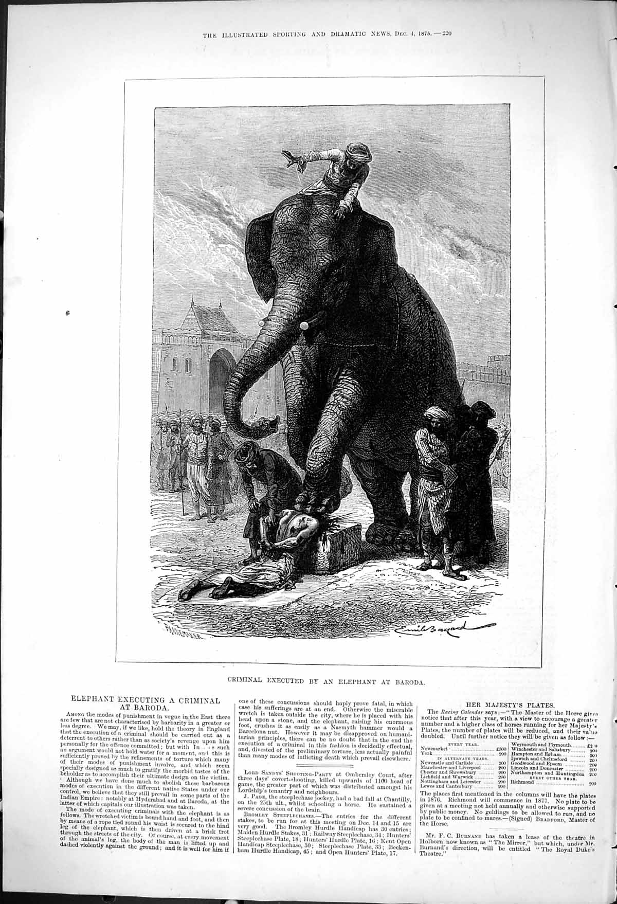 Antique Old Print 1875 Criminal Executed Elephant Standing Head Baroda India