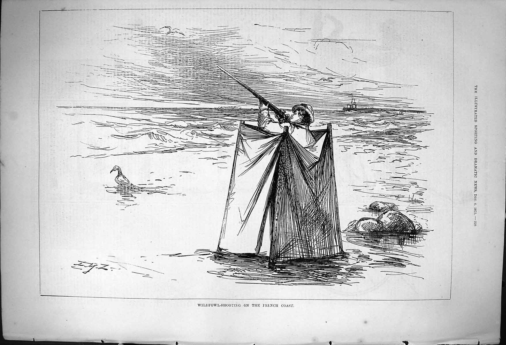 Original Old Antique Print 1875 Wildfowl Shooting French Coast Hunting Birds