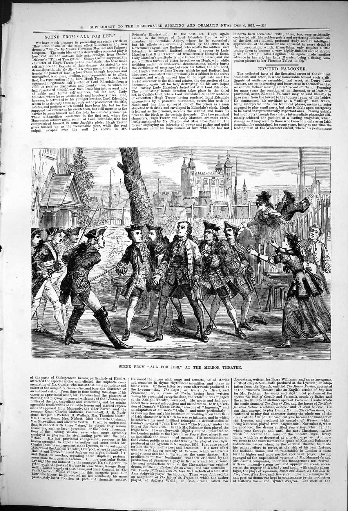 Original Old Antique Print 1875 Scene All For Her Mirror Theatre Actors 19th